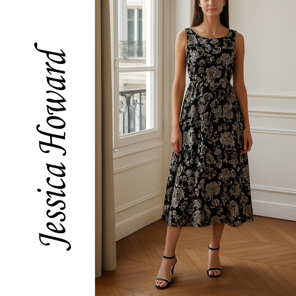 NWT, Jessica‎ Howard, Black White Floral Sleeveless Midi Dress Size 12